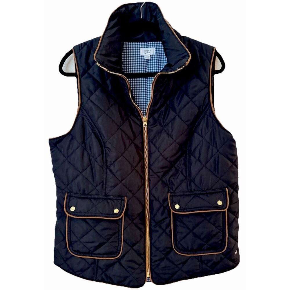 Crown & Ivy Black Quilted Vest XL Full Zip Snap Button Stand Collar